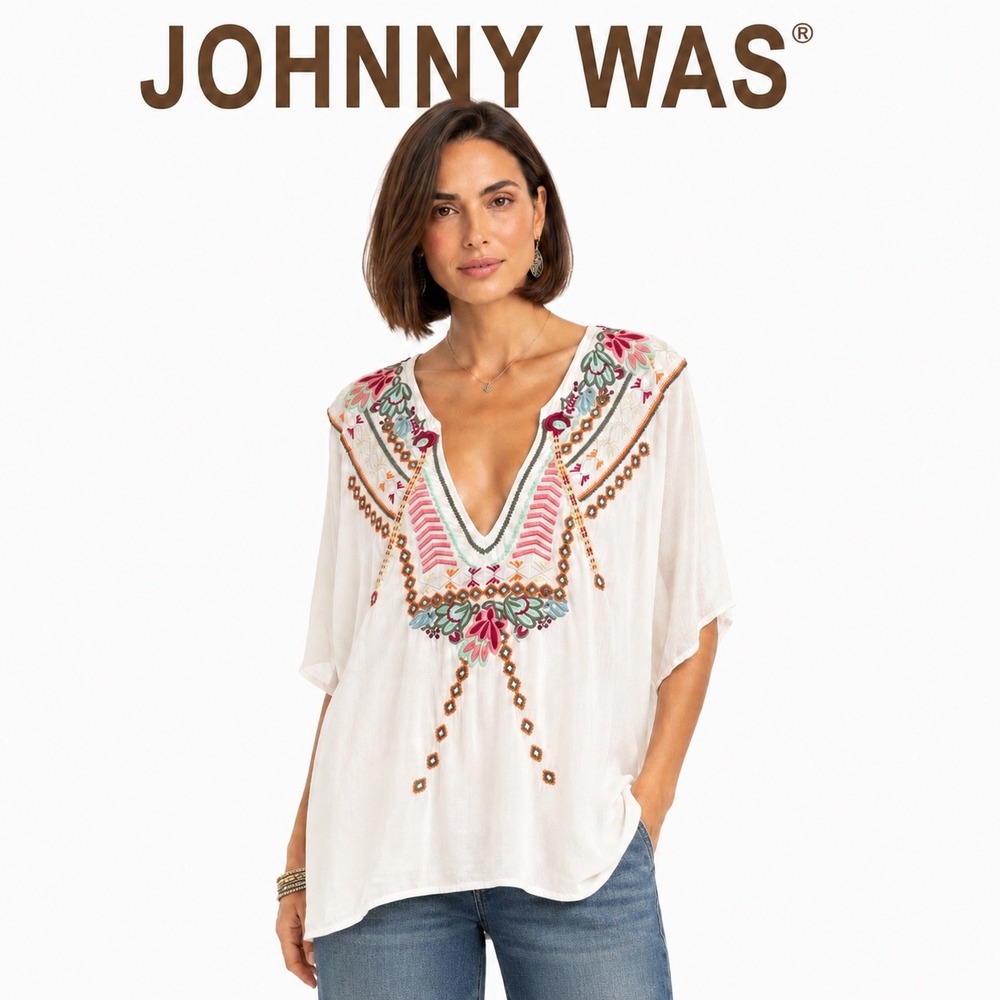 Johnny Was White Embroidered Tunic Top